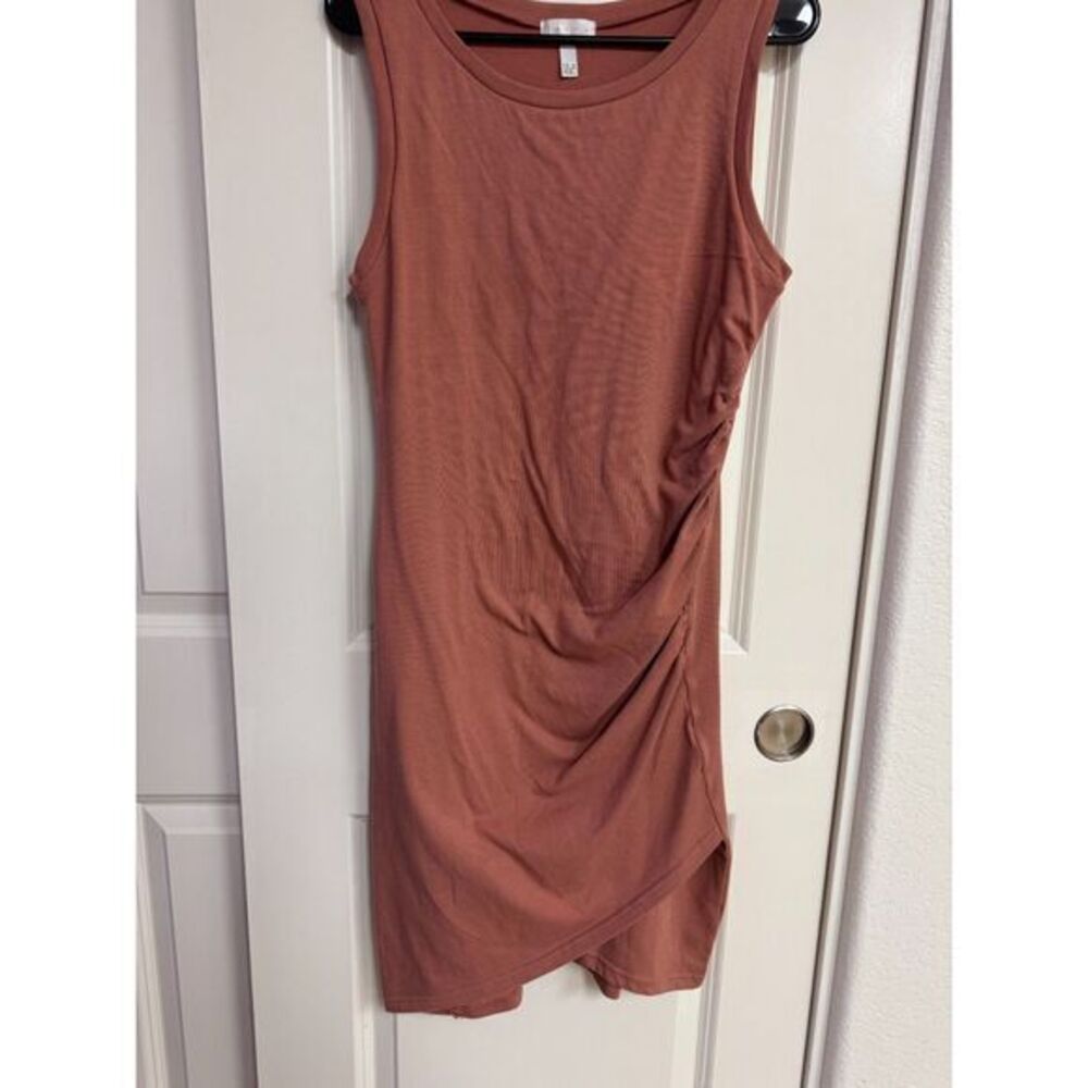 Leith Gathered Basic Bodycon Short Mini Dress Cotton Blend Orange Rust M